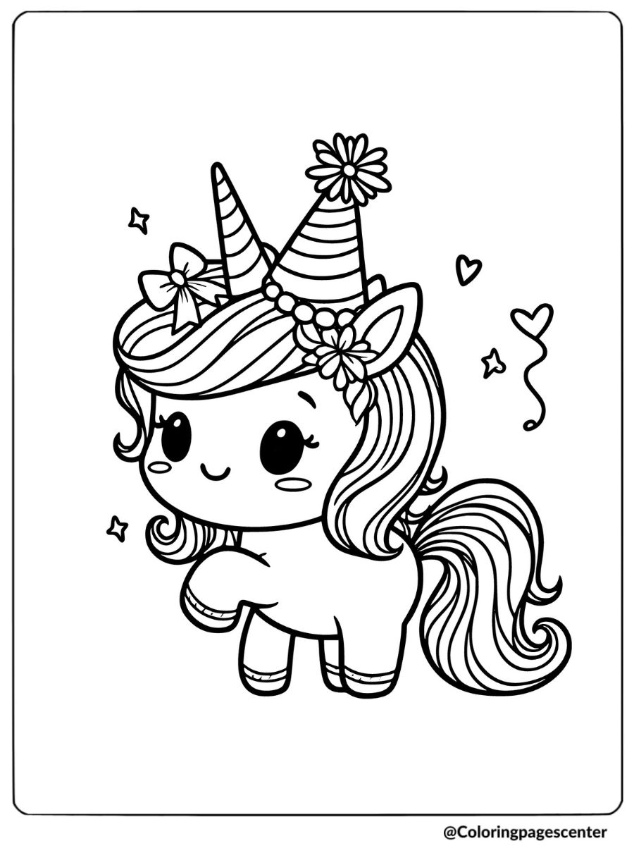 Unicorn with birthday hat and balloons coloring page