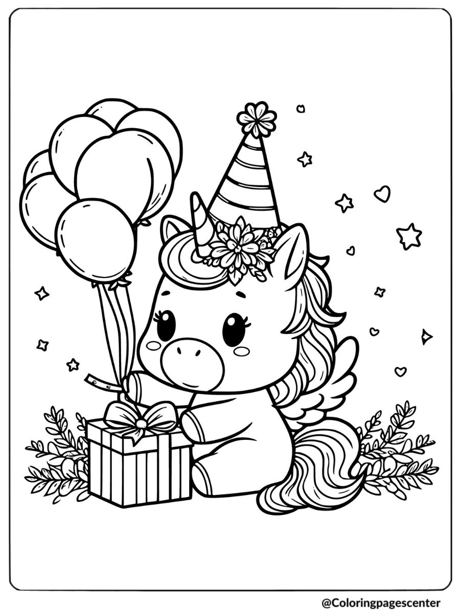 Unicorn holding balloons and a birthday gift coloring page