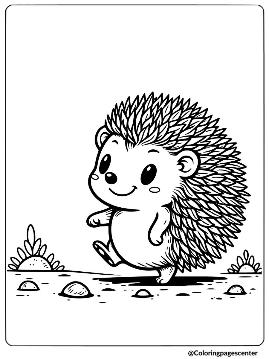 Adorable hedgehog walking in the field coloring page