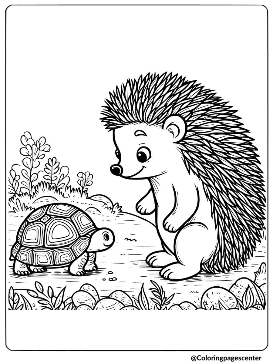 Hedgehog greeting a turtle in the garden coloring page