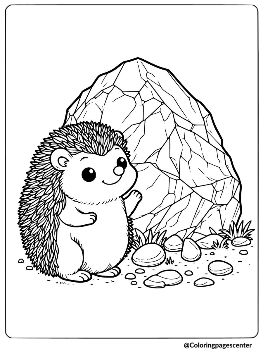 Hedgehog standing beside a large rock coloring page