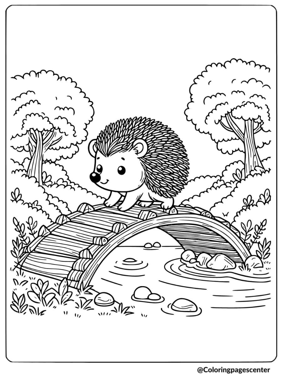 Hedgehog crossing a small bridge coloring page