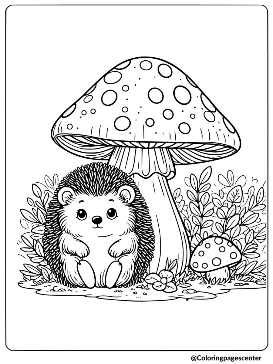 Hedgehog resting under a mushroom coloring page