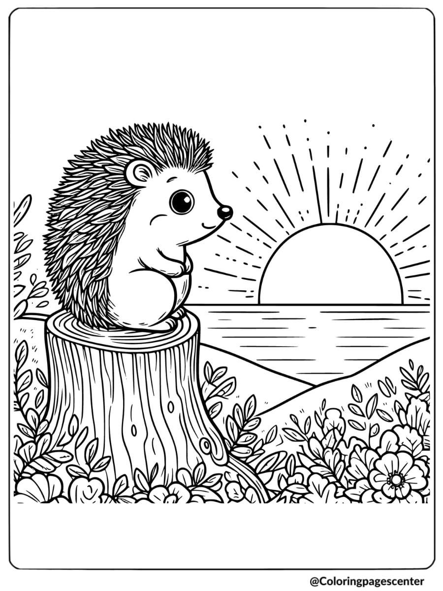 Hedgehog sitting on a tree stump watching sunset coloring page