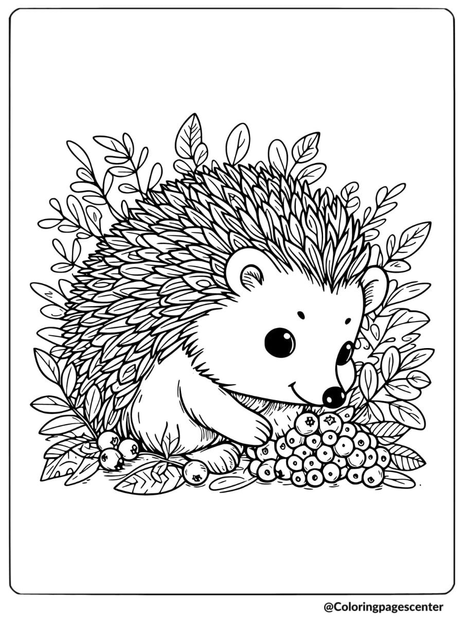 Hedgehog surrounded by leaves and berries coloring page