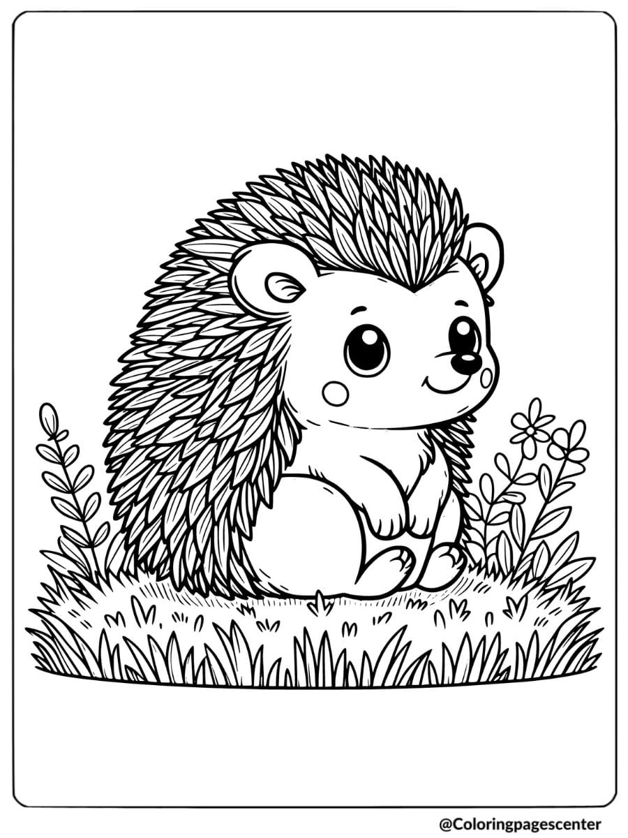 Happy hedgehog sitting on the grass coloring page