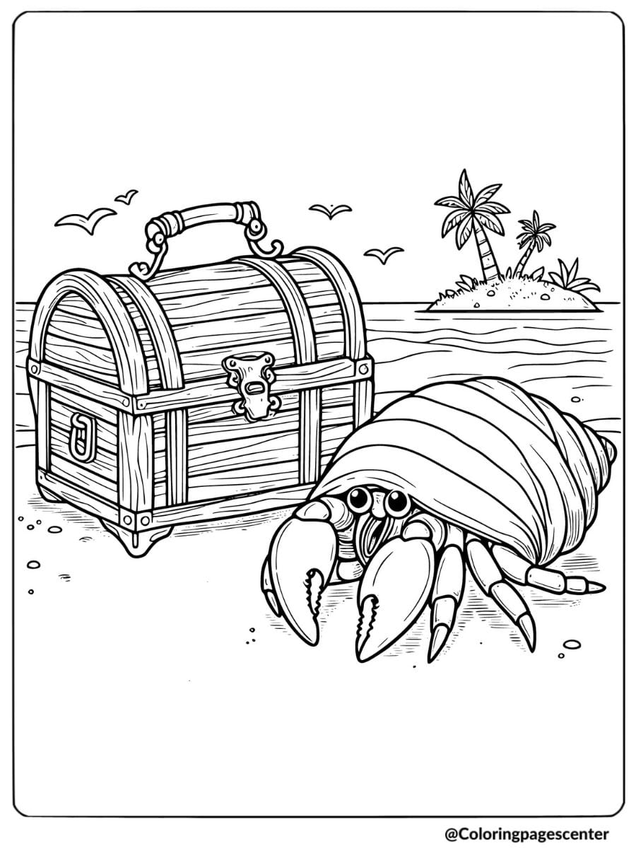 Coloring page of hermit crab by treasure chest