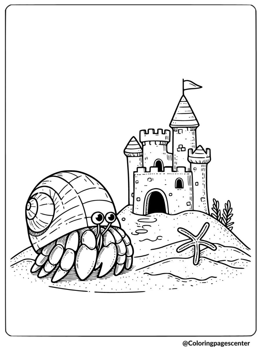 Cute hermit crab near sandcastle coloring page