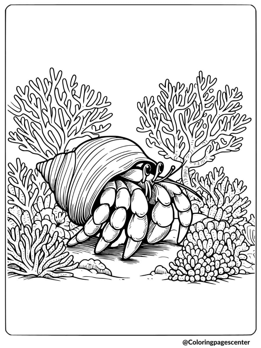 Coloring page of hermit crab hiding in coral reef