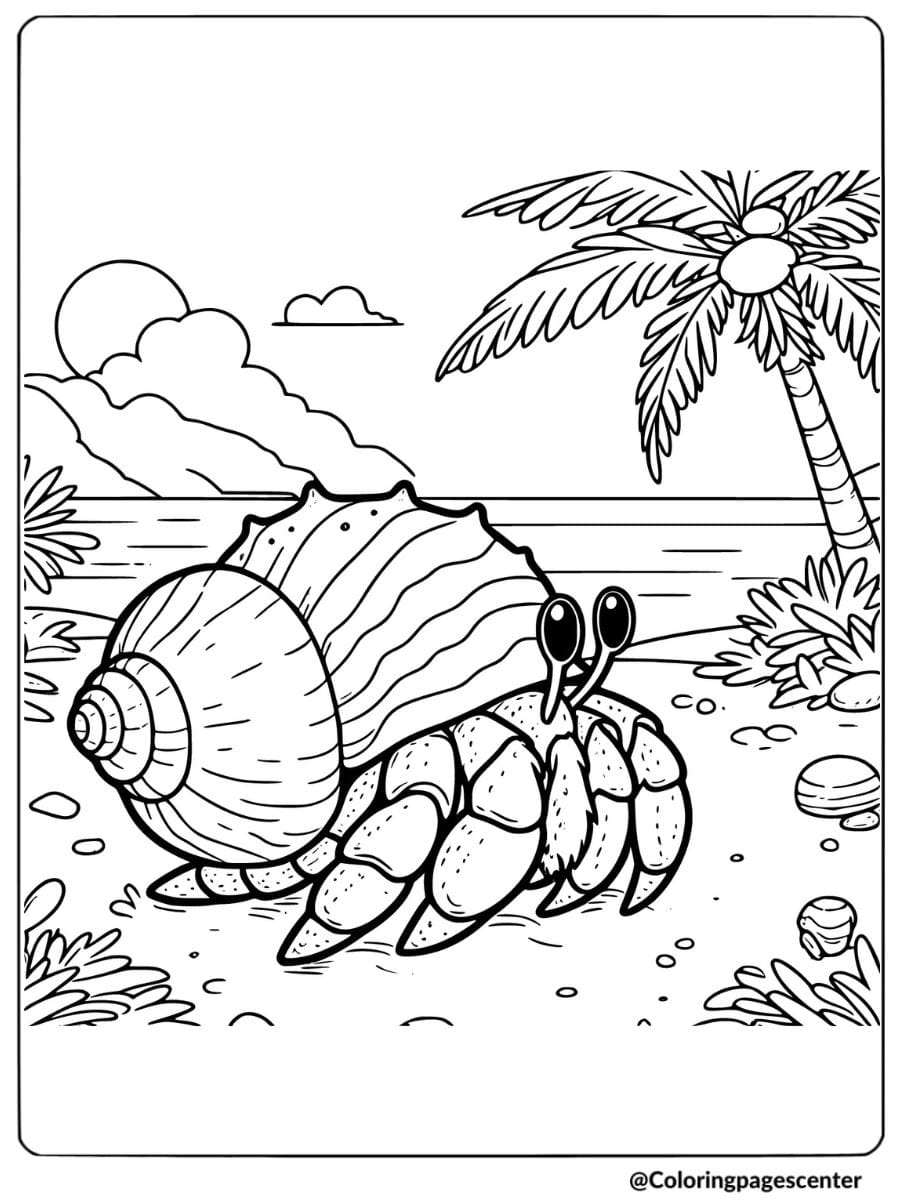 Coloring page of hermit crab relaxing on beach