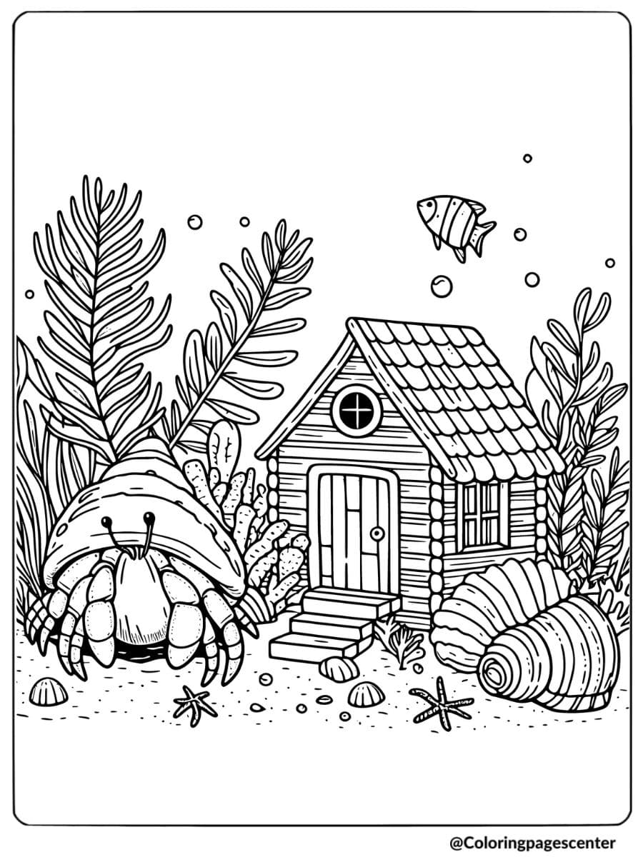 Coloring page of hermit crab near underwater house