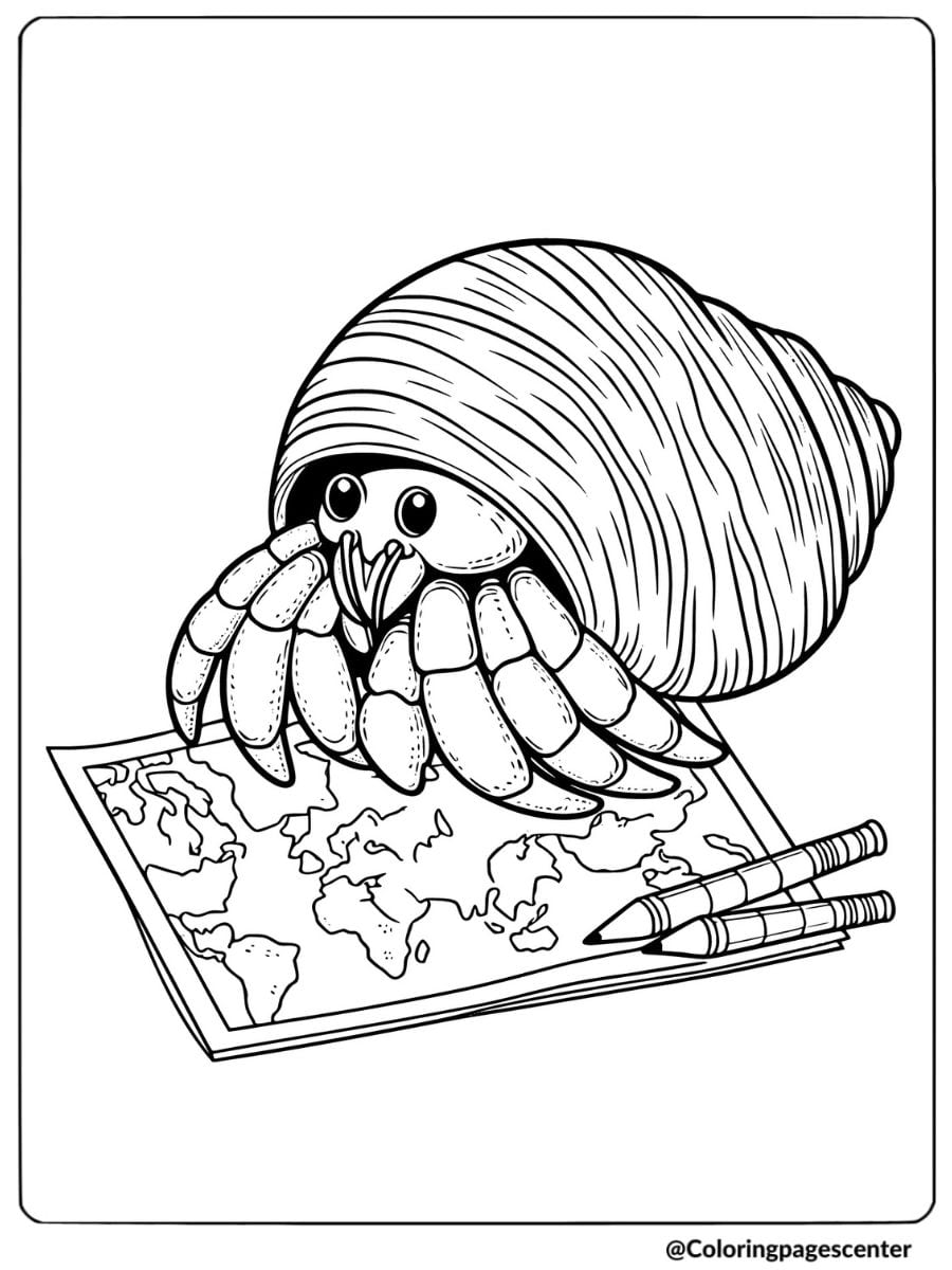 Hermit crab with a map coloring page for kids