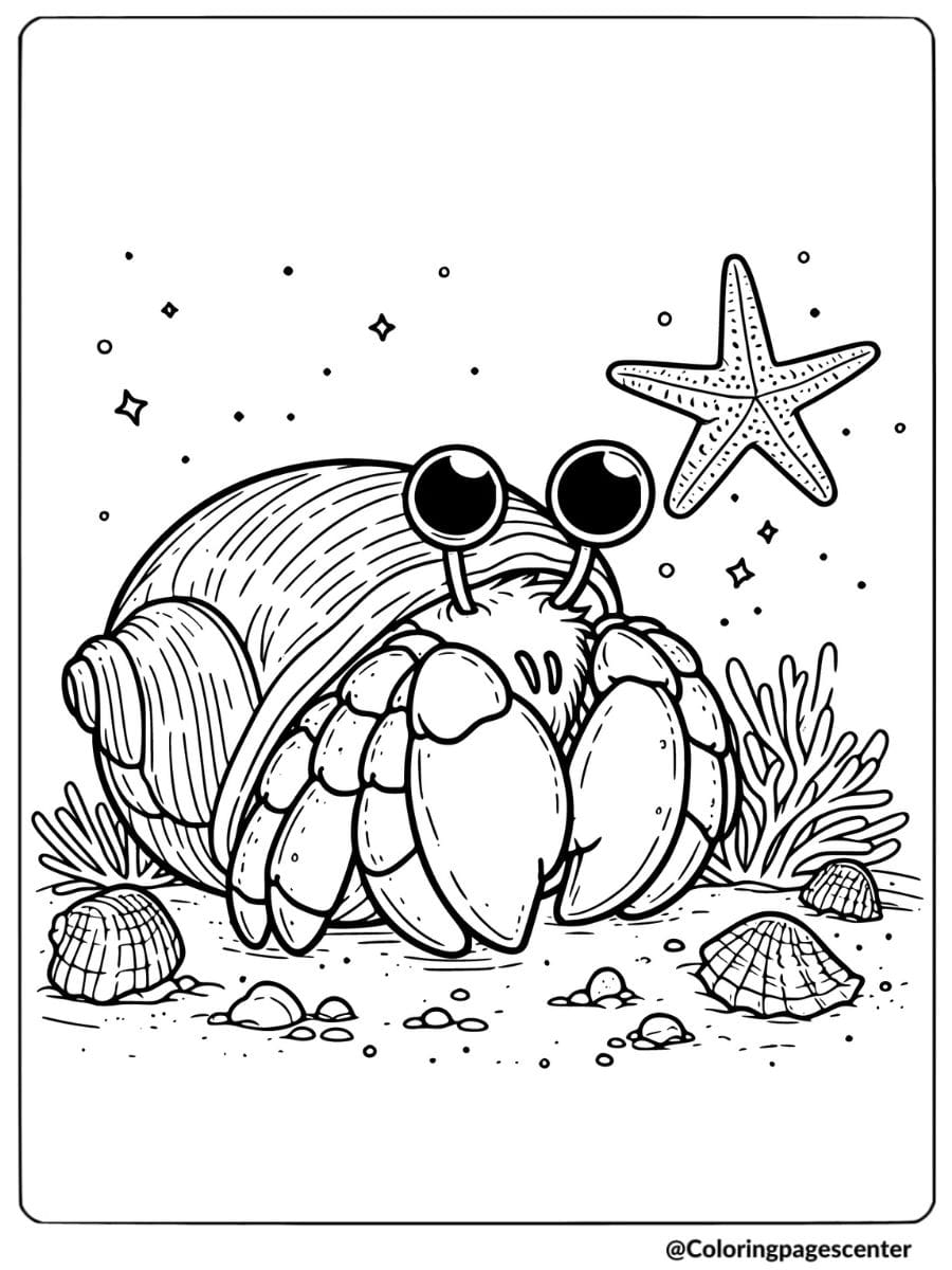 Cute hermit crab and starfish coloring page for kids