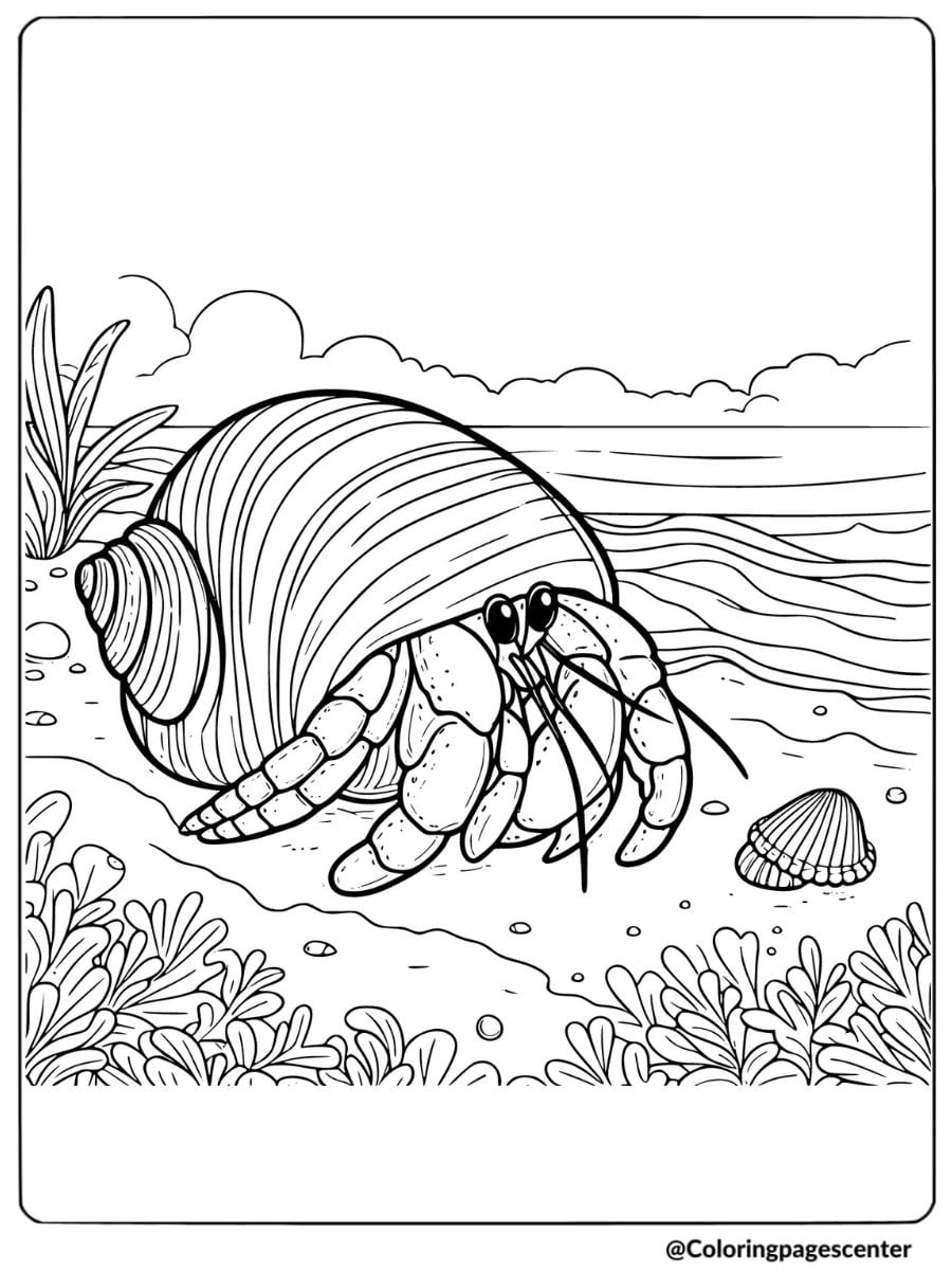 Coloring page of a hermit crab near the sea