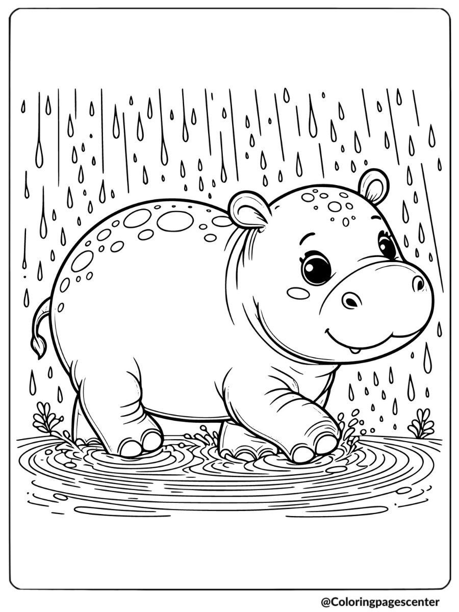 Coloring page of a hippo standing in the rain