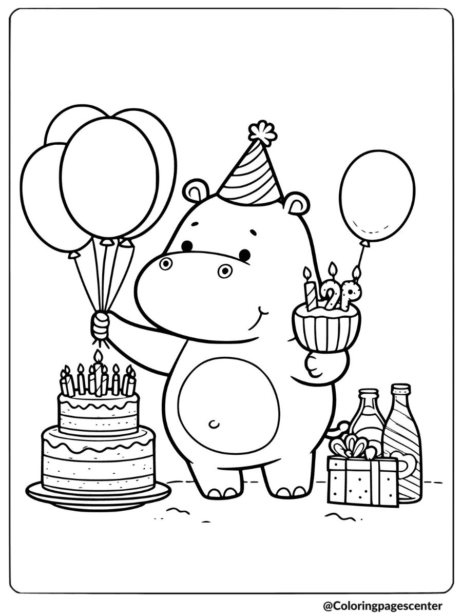 Coloring page of a hippo celebrating a birthday