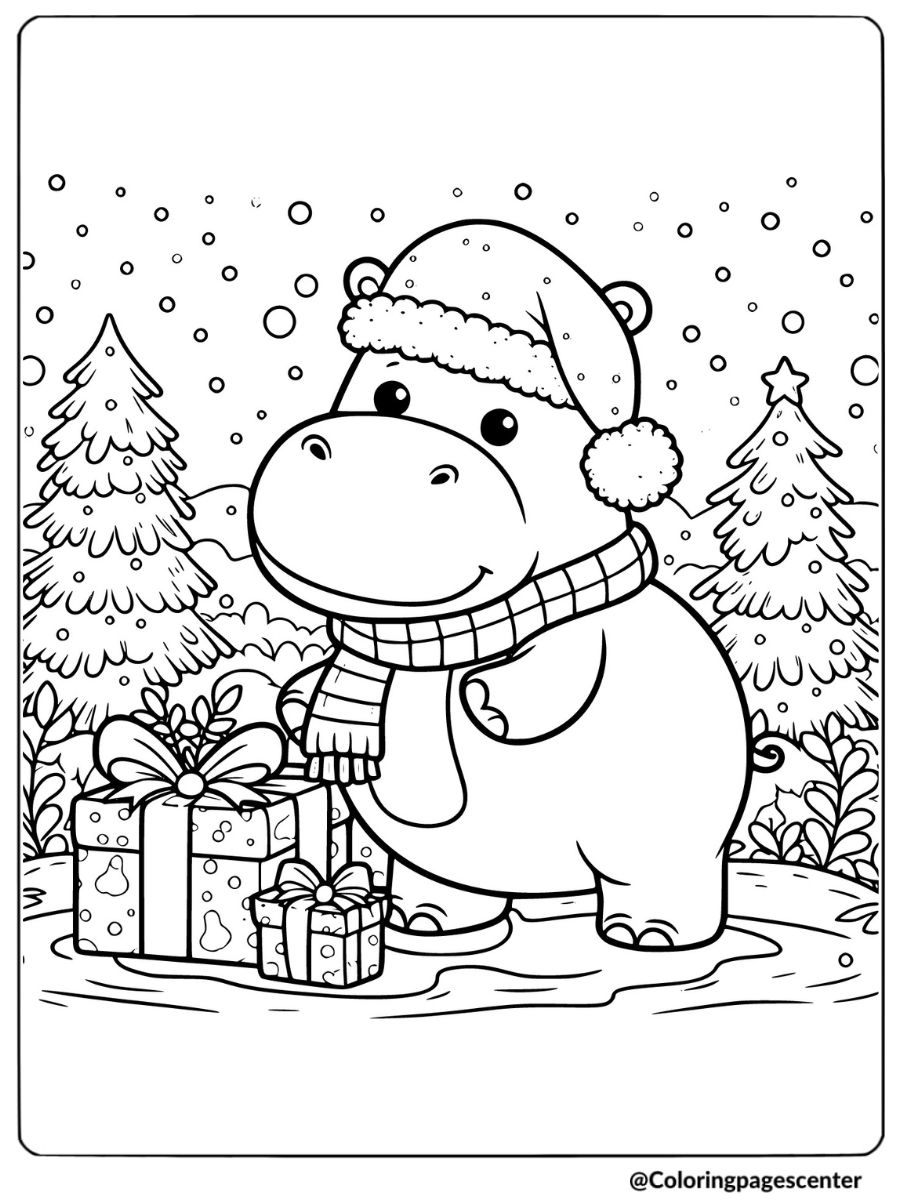 Hippo with Christmas hat and presents coloring page