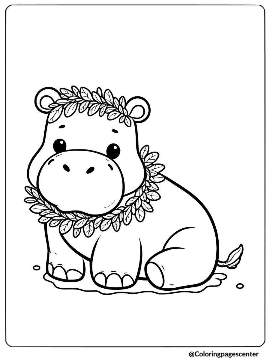 Coloring page of a hippo wearing a leaf crown