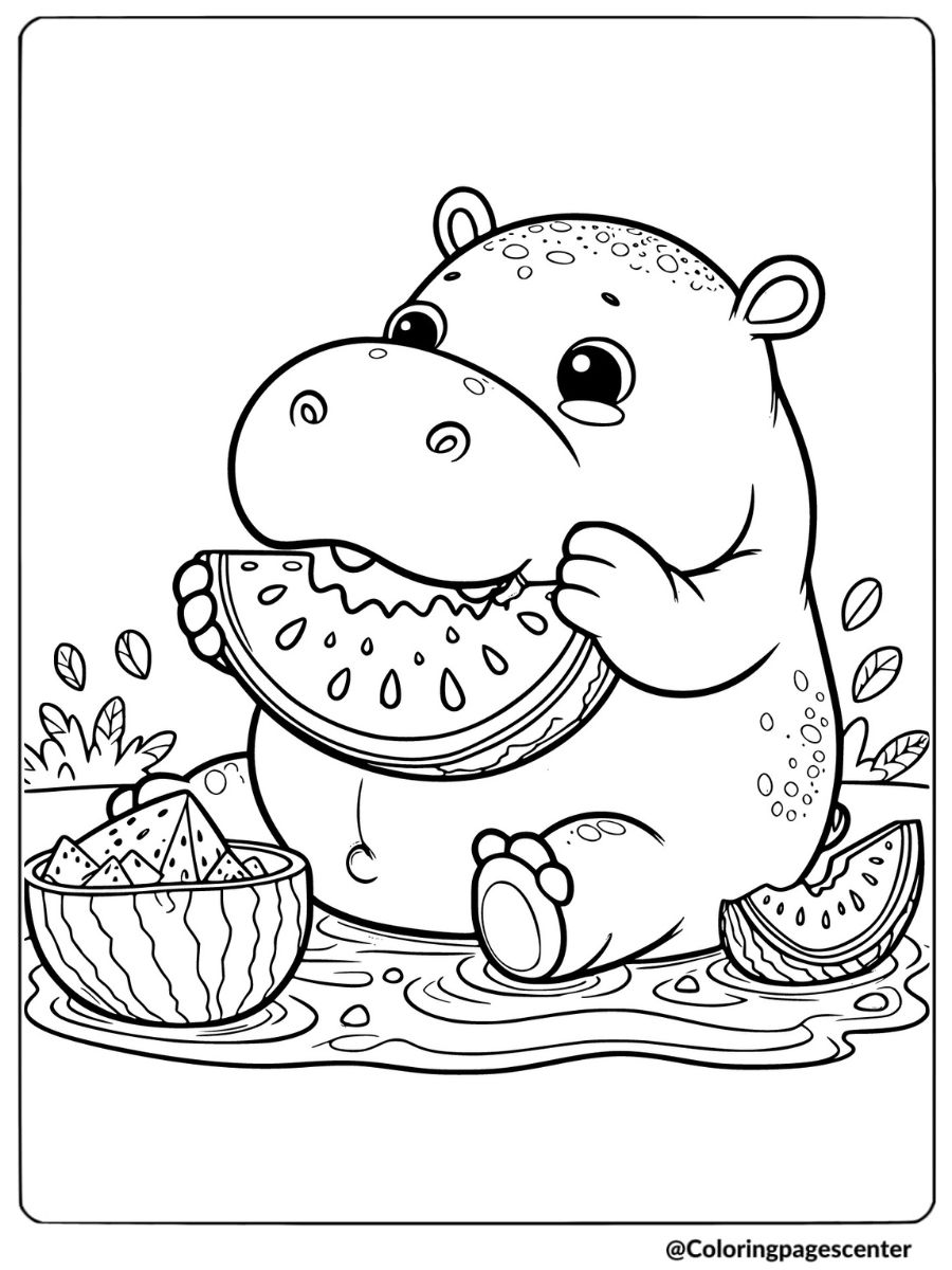 Hippo enjoying watermelon slices coloring page