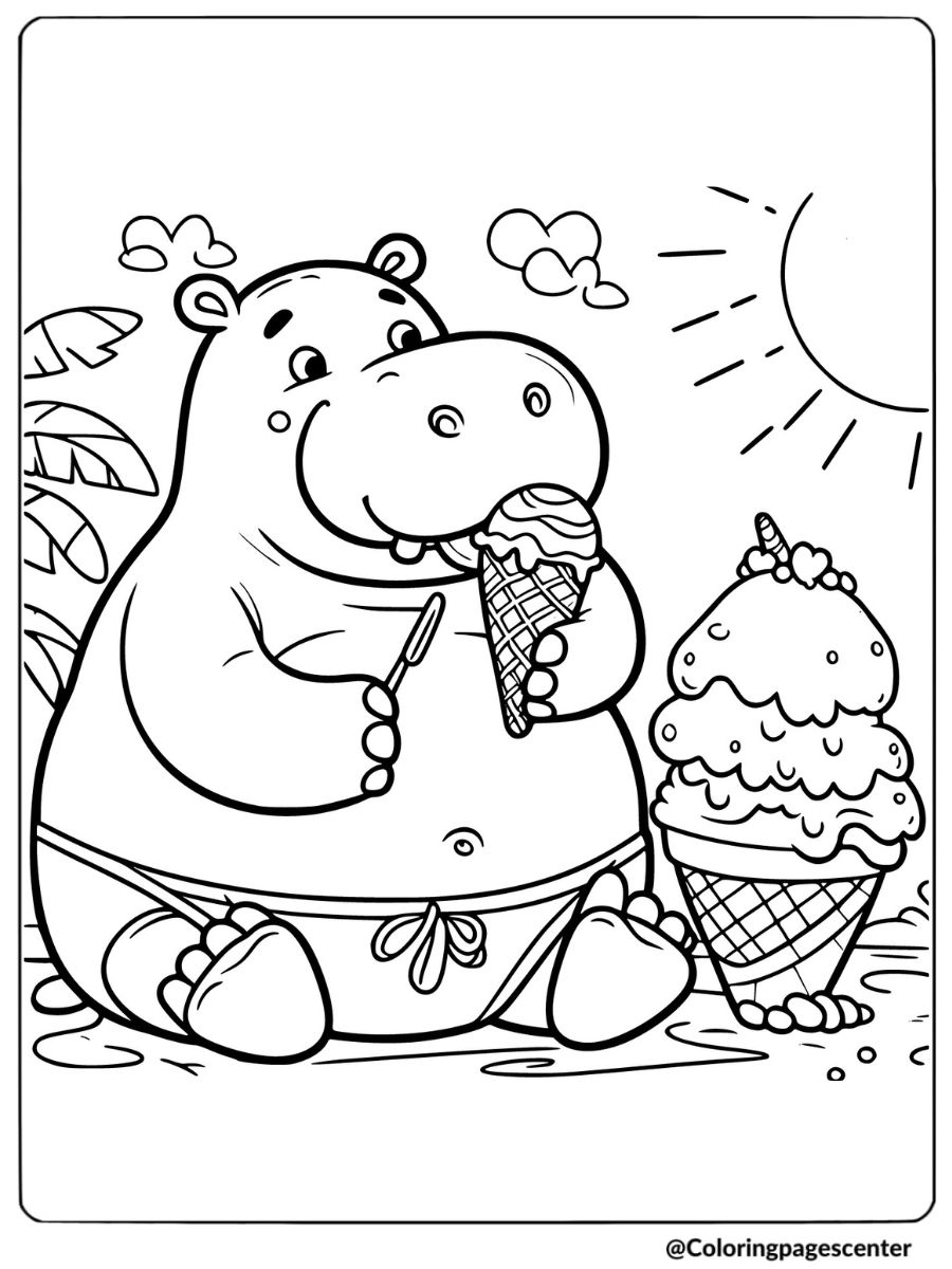 Coloring page of a hippo eating ice cream on a sunny day