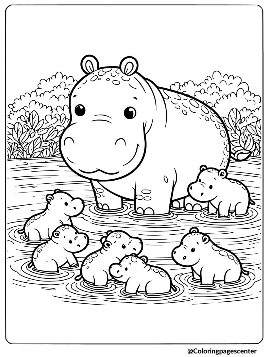 Coloring page of a hippo family gathered in the water