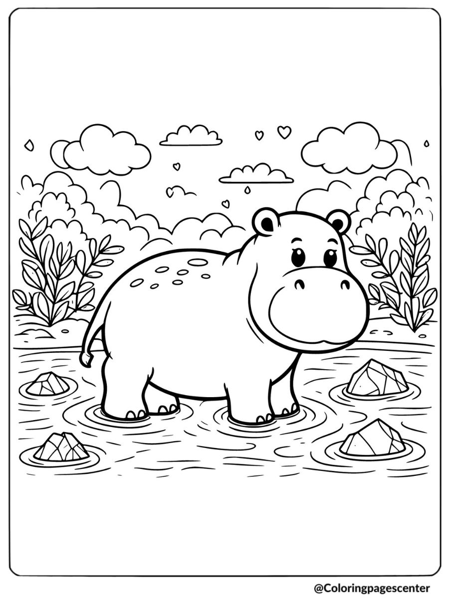 Coloring page showing a hippo standing in a natural setting