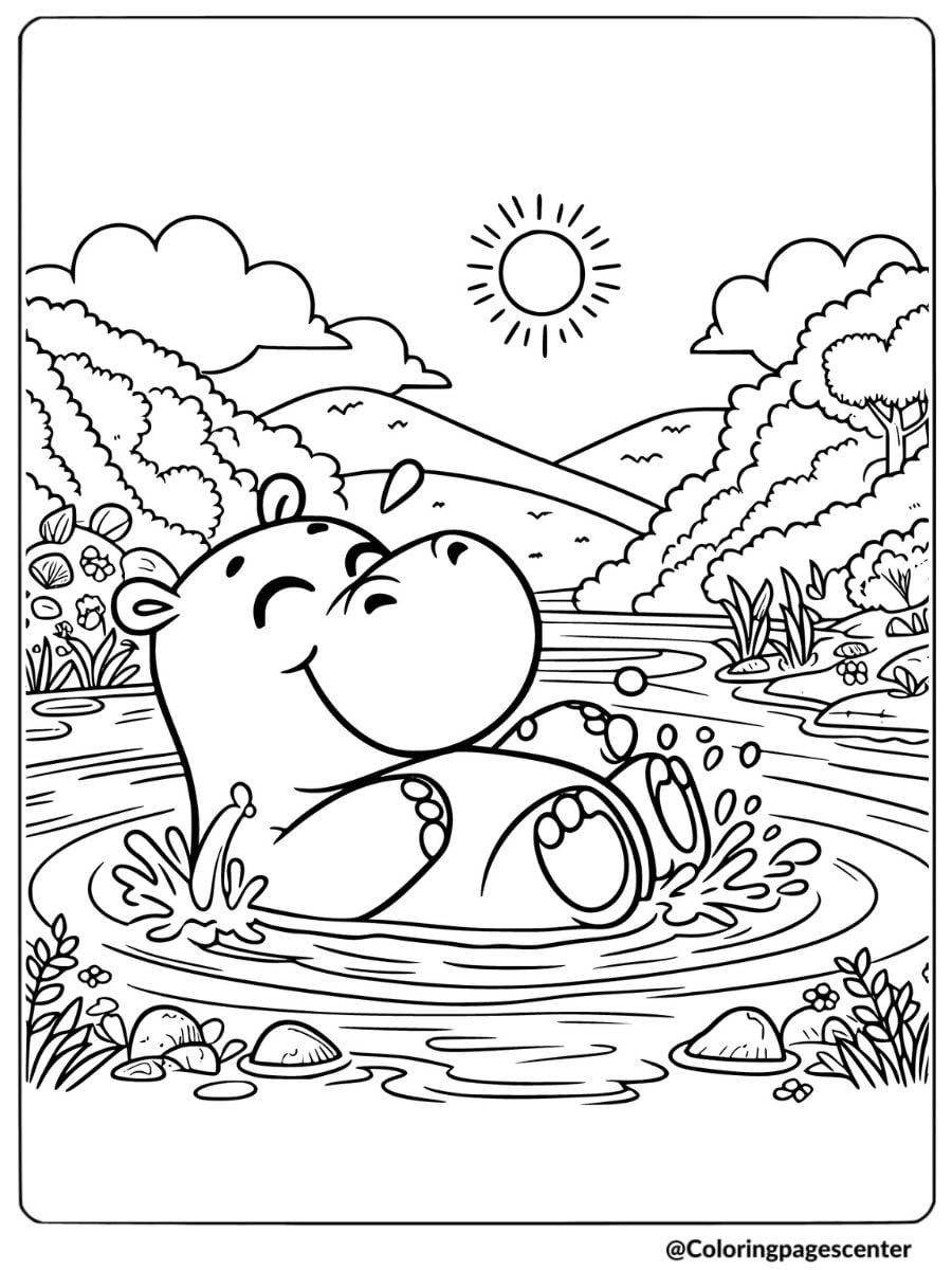 Coloring page featuring a hippo relaxing in a river