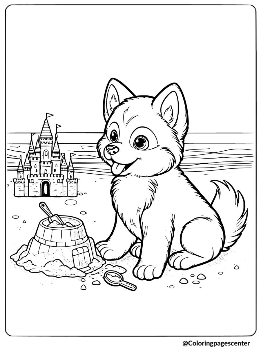 Coloring page of husky puppy playing near sandcastle