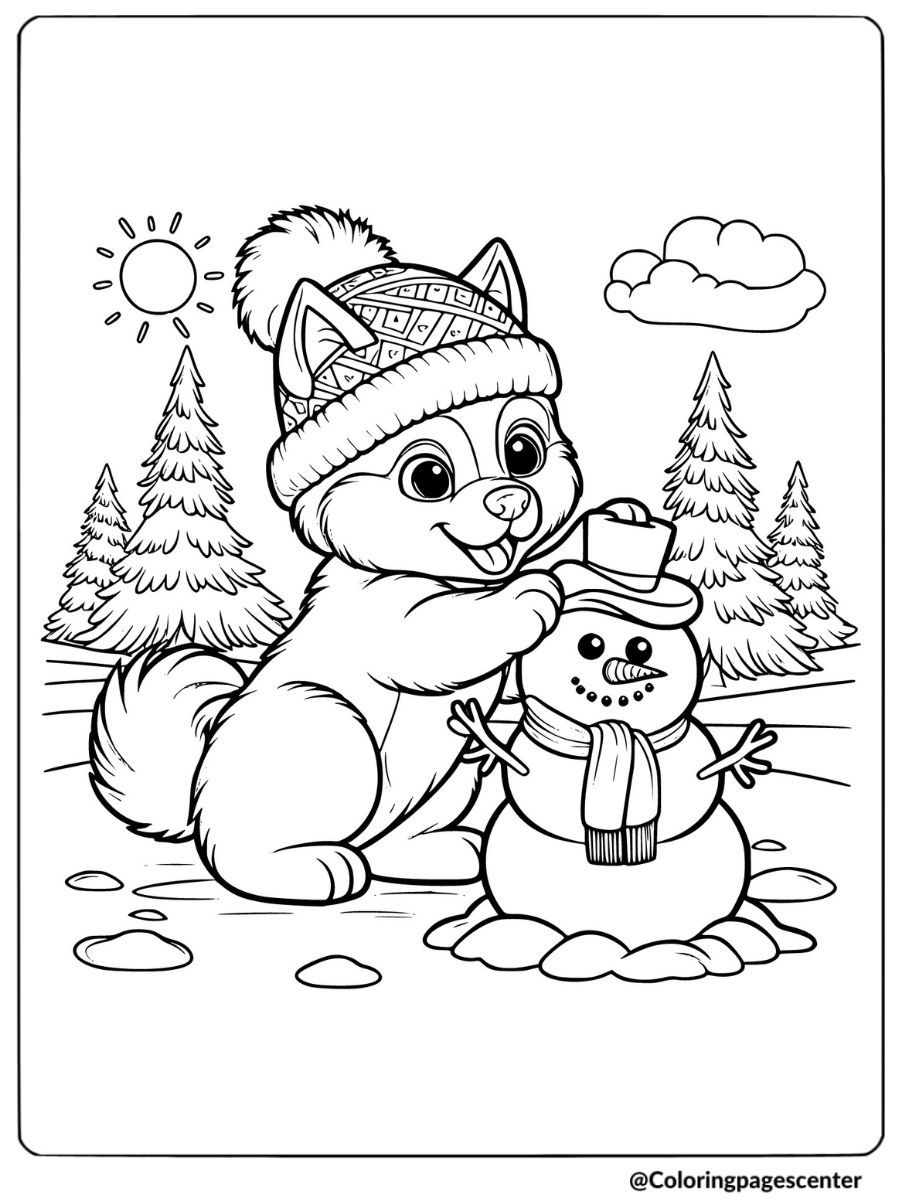 Coloring page of husky puppy with a snowman