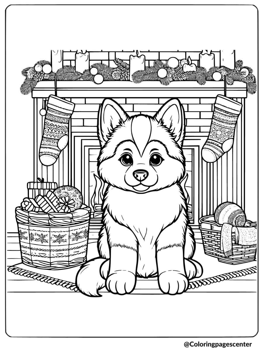 Coloring page of husky puppy with gifts by a fireplace