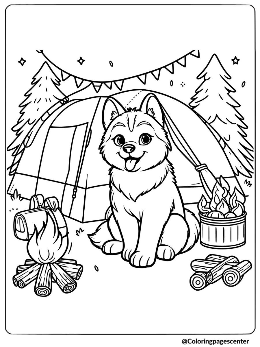 Coloring page of a husky puppy by a campfire