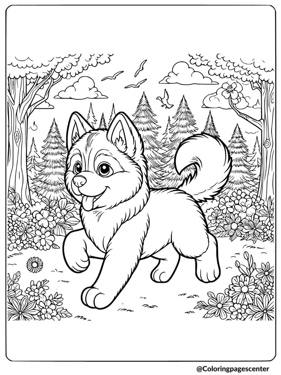 Coloring page of a husky puppy running in forest with flowers