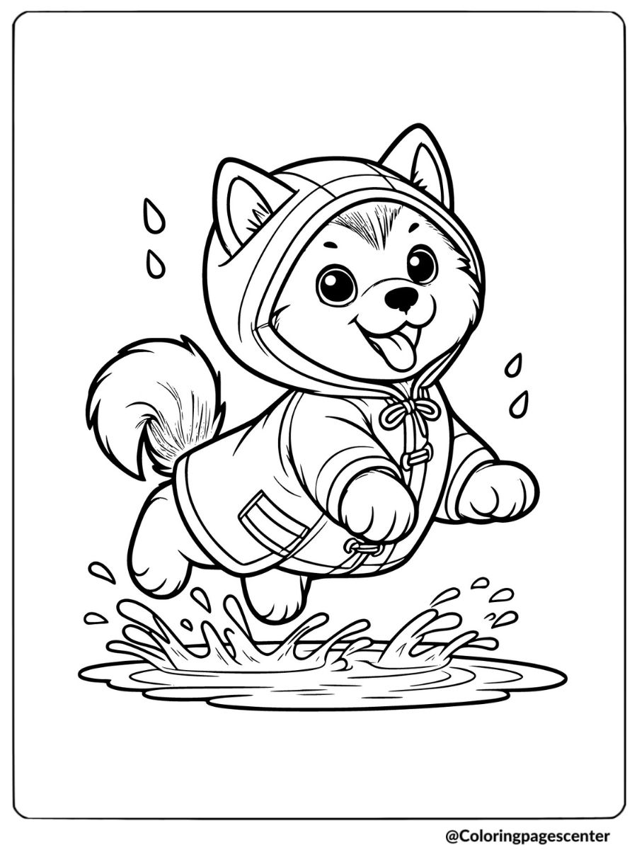 Coloring page of husky puppy jumping in rain puddles