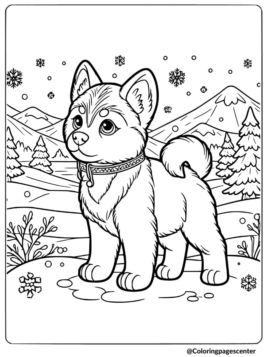 Coloring page of a husky puppy in winter mountains