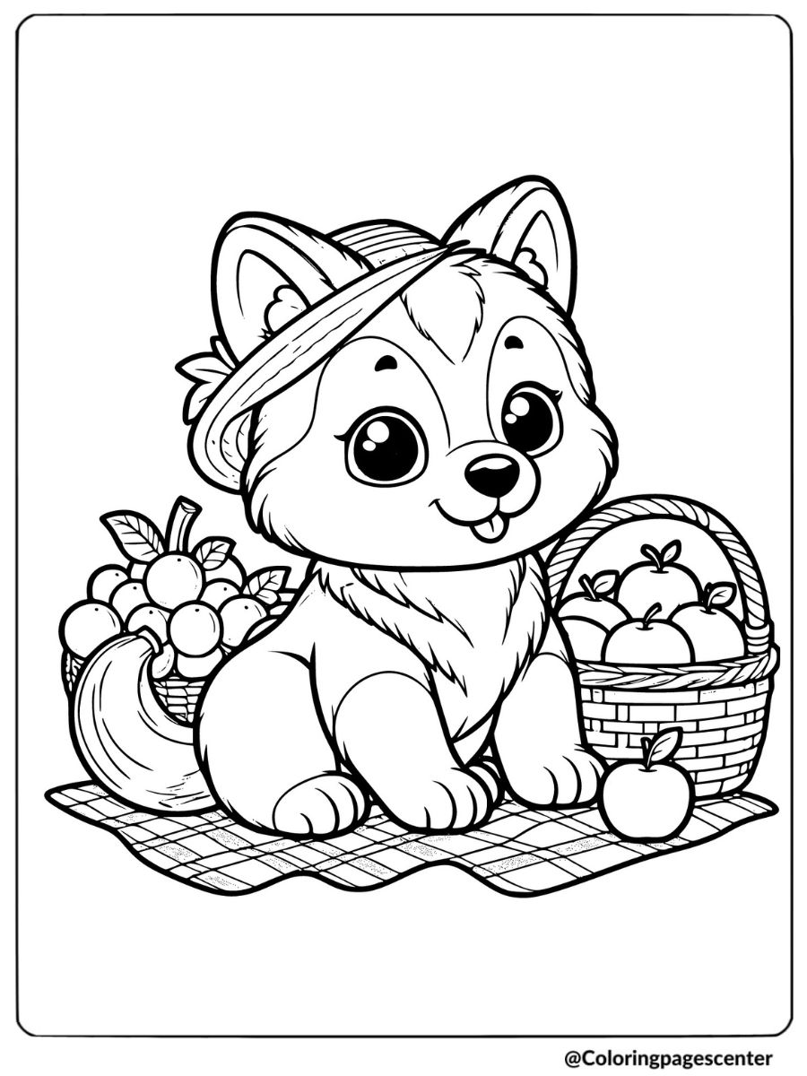 Coloring page of a husky puppy at a fruit picnic