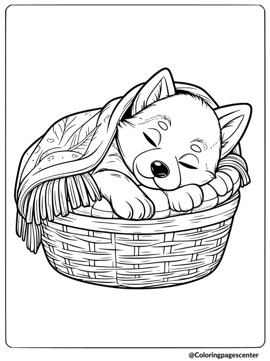 Coloring page of a husky puppy napping in a basket