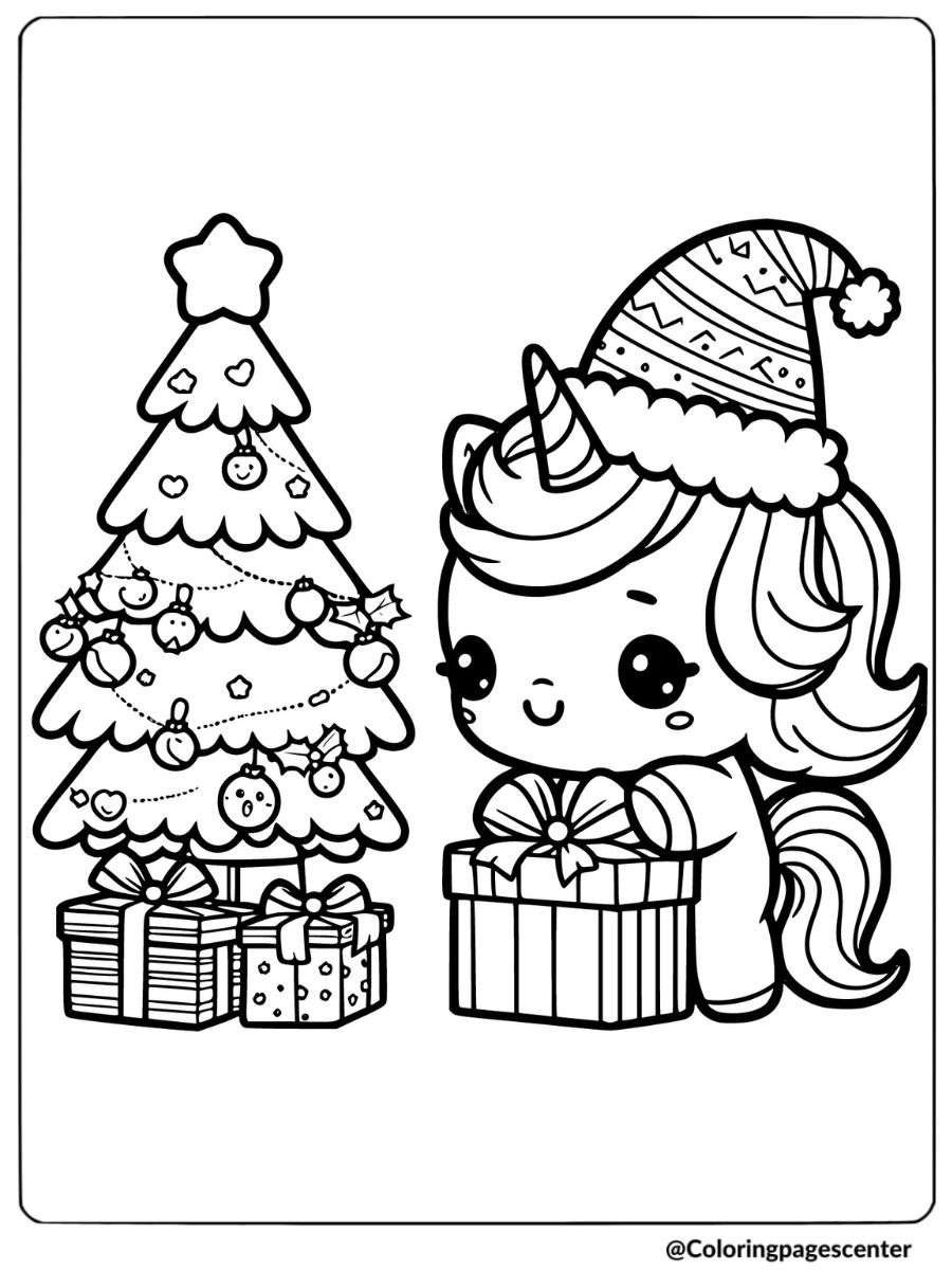 Kawaii unicorn with Christmas tree and gifts coloring page