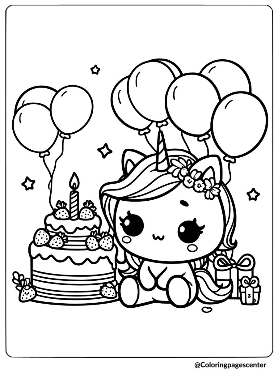 Kawaii unicorn with balloons and birthday cake coloring page