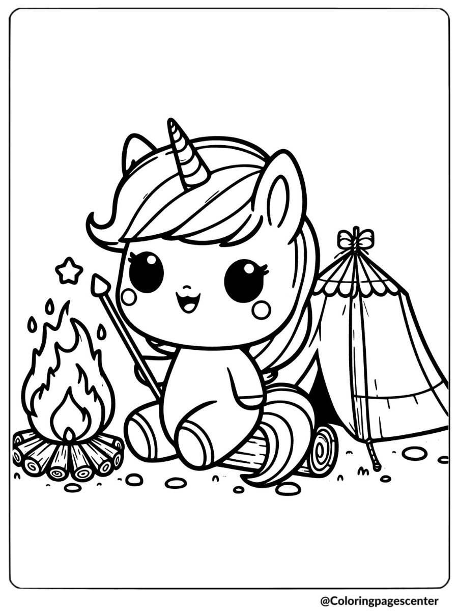 Kawaii unicorn camping near a fire with a tent coloring page