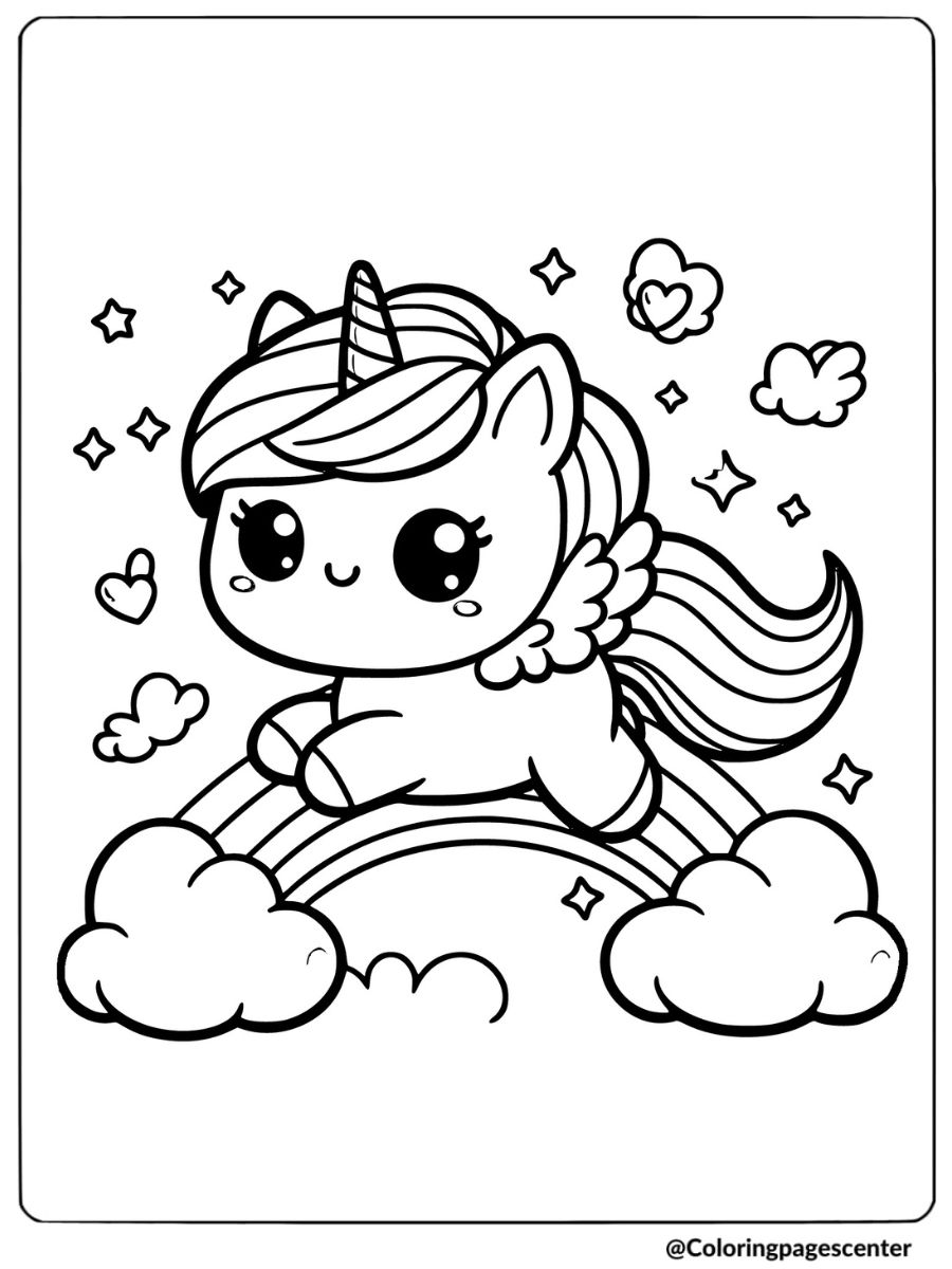 Kawaii unicorn flying over a rainbow coloring page