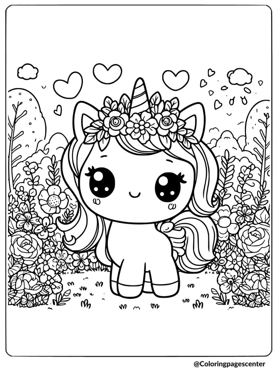 Kawaii unicorn standing in a flower garden coloring page