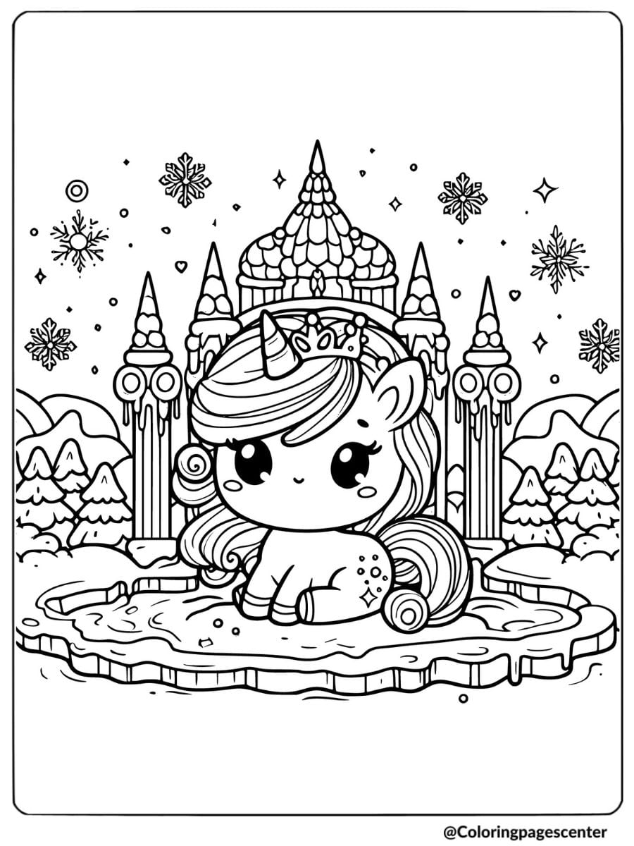 Kawaii unicorn sitting in front of a castle coloring page