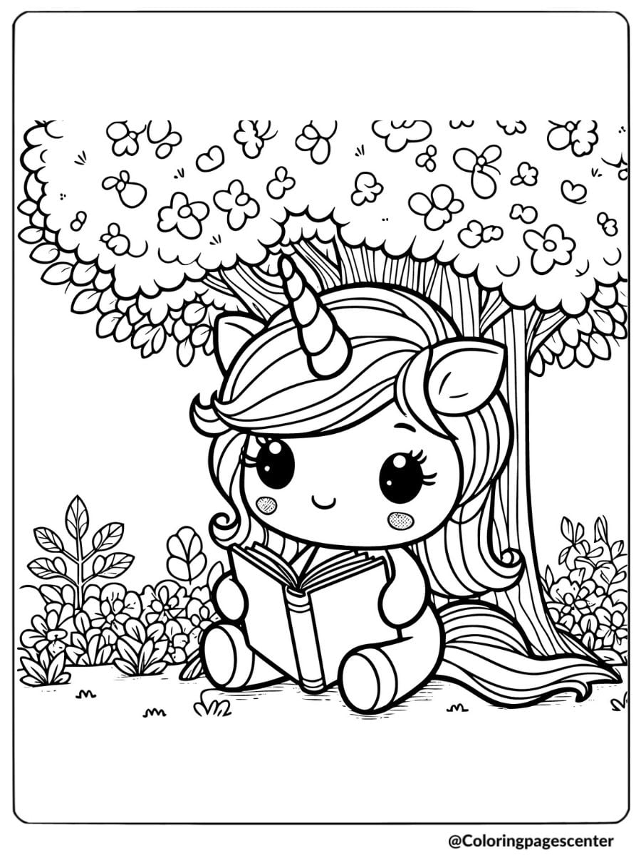 Kawaii unicorn reading a book under a tree coloring page