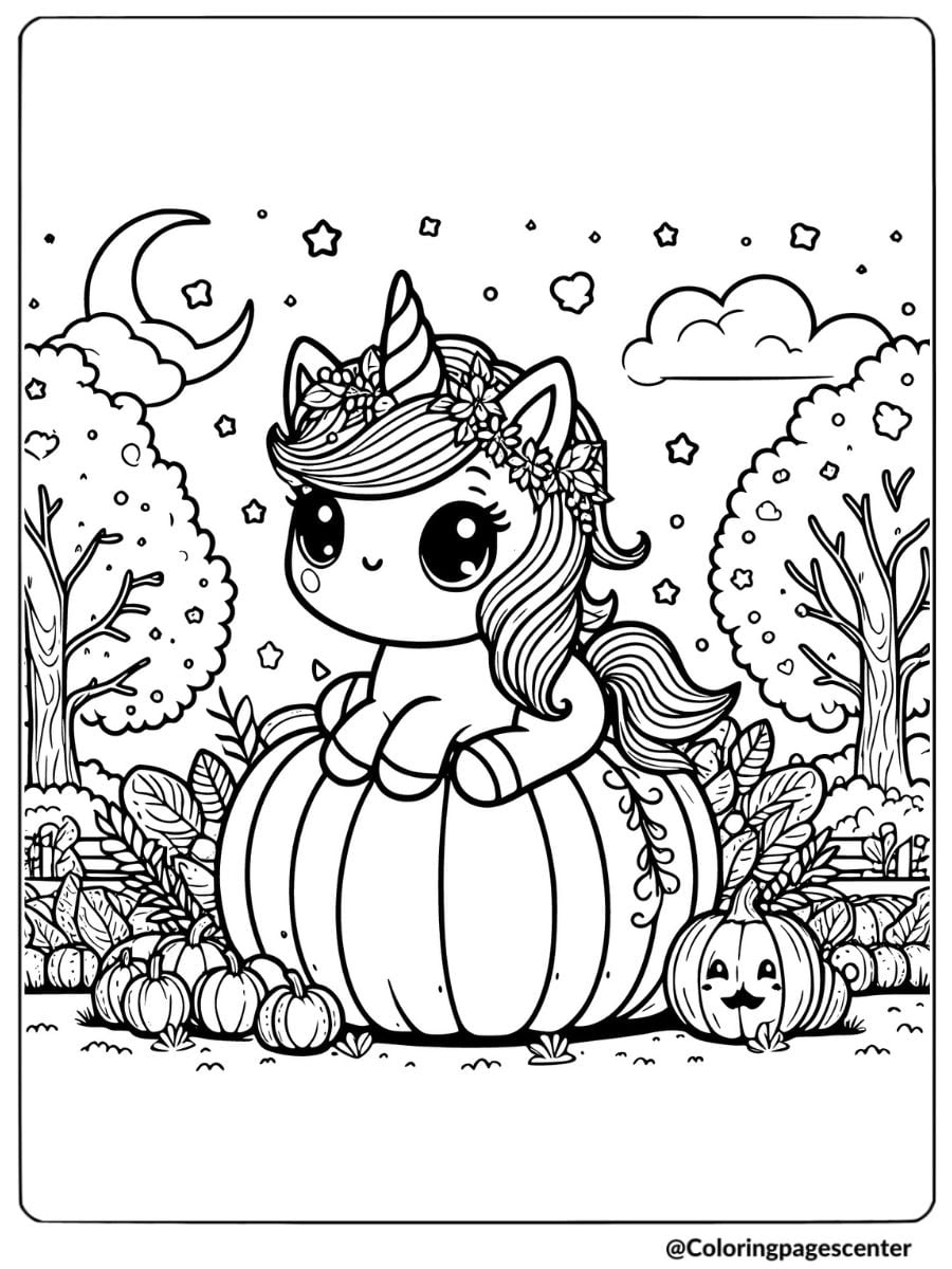 Kawaii unicorn sitting on a large pumpkin coloring page