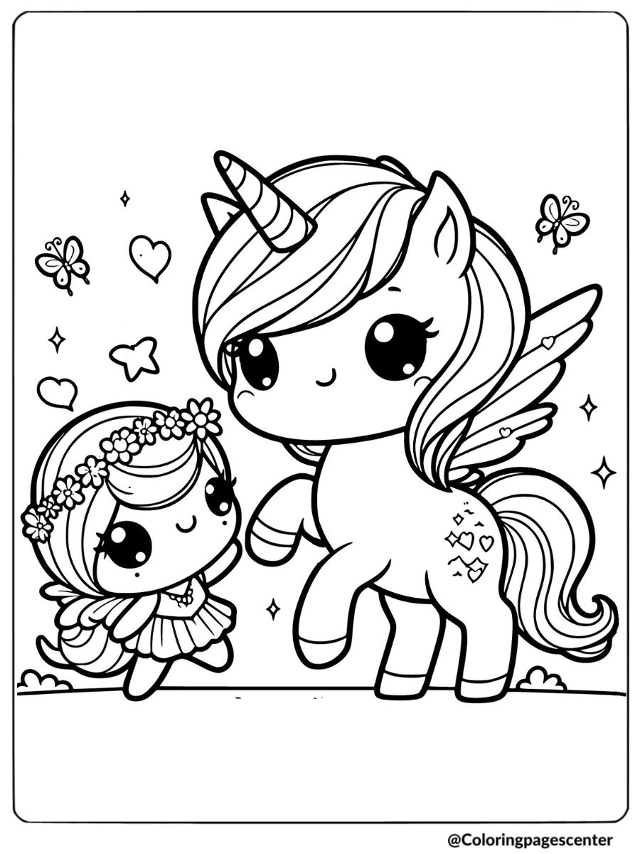 Kawaii unicorn and a little girl holding hands coloring page