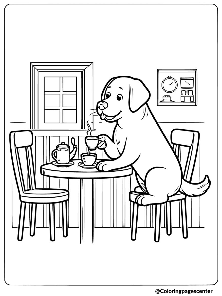 Labrador enjoying tea at a cafe coloring page