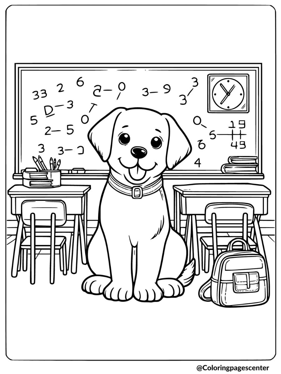 Labrador dog sitting in a classroom coloring page