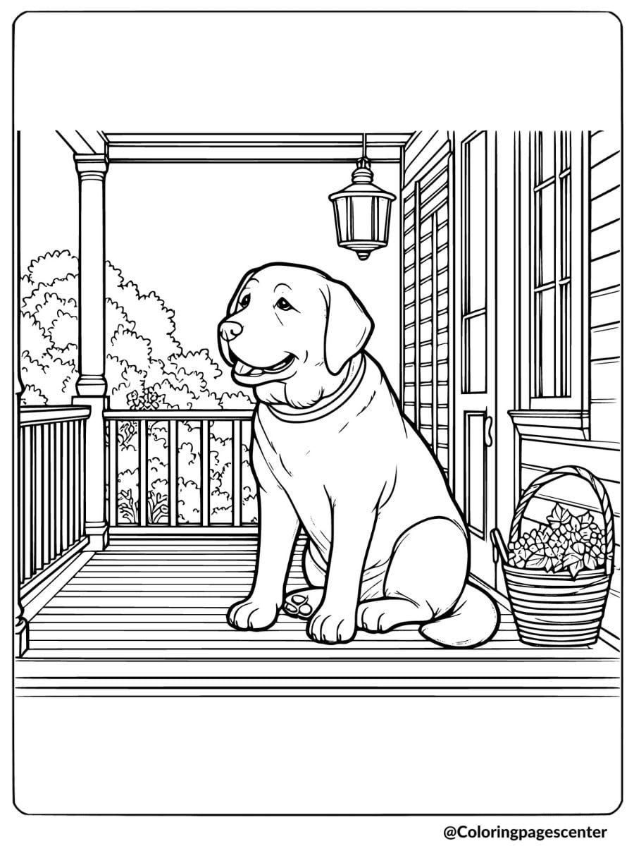 Labrador relaxing on a porch coloring page