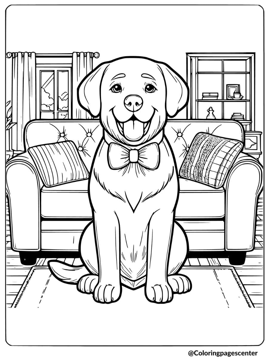 Labrador dog in a bow tie indoors coloring page