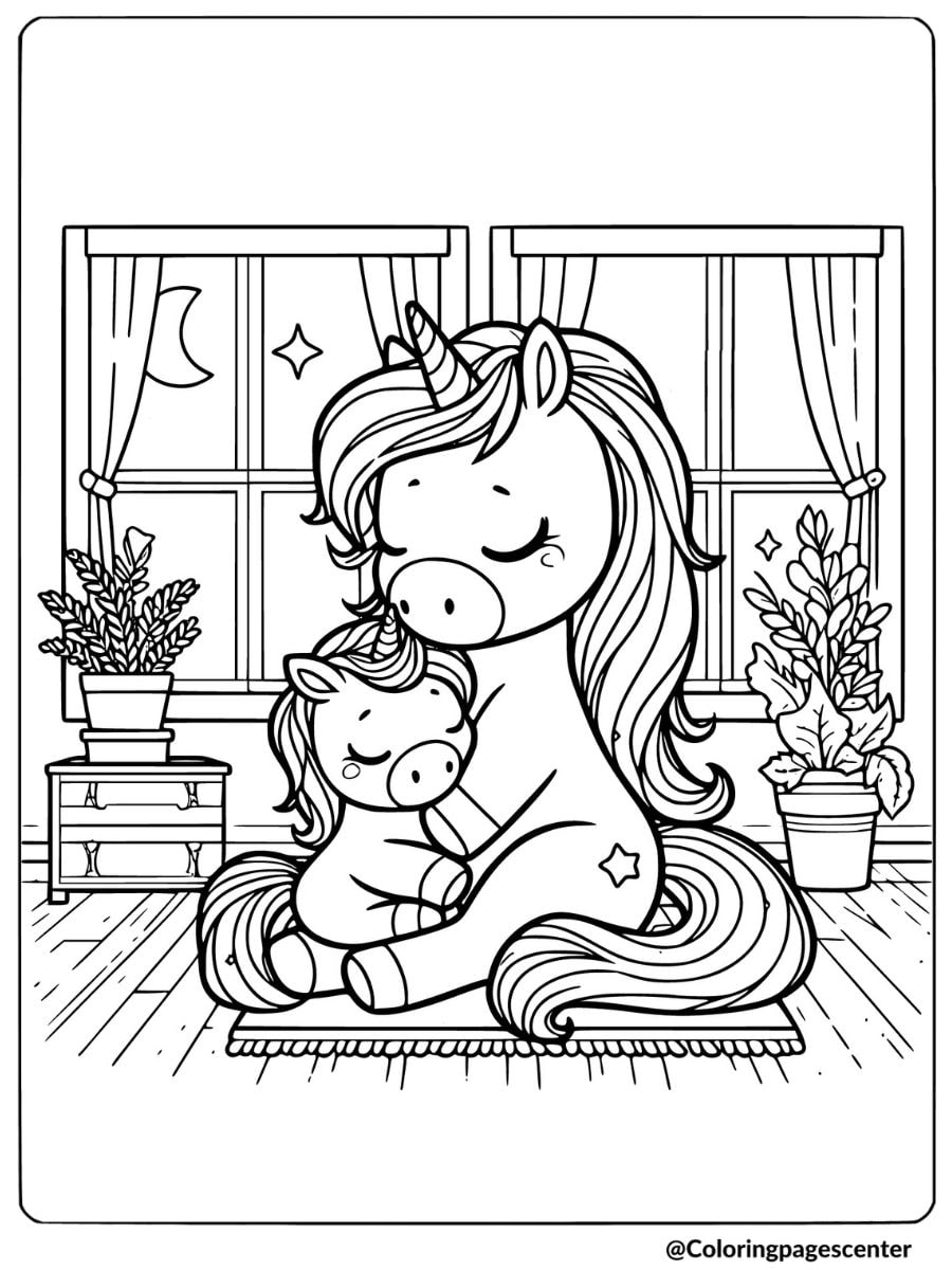 Mommy unicorn hugging baby at night coloring page